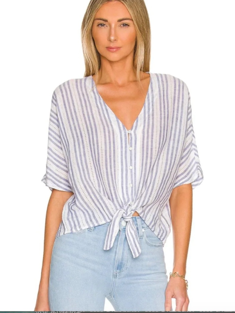 Rails Thea Catalina Blue White Stripe Linen Blend Button Front Tie Top Medium